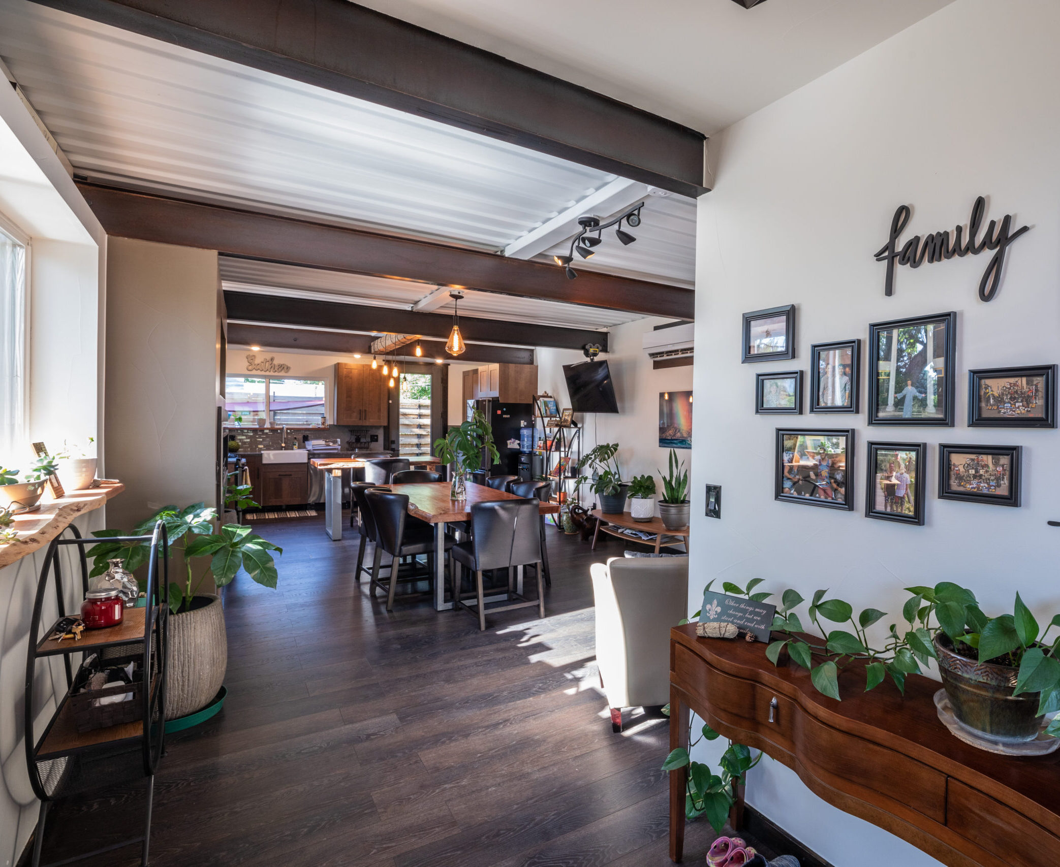 The open living and dining area inside a Carbon Dwell home.