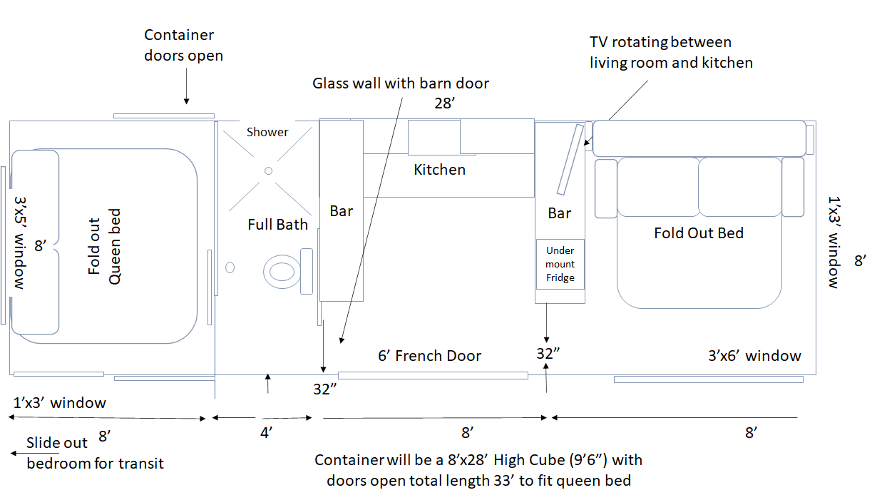 The Family Affair floor plan with a bath, kitchenette, and bedroom.