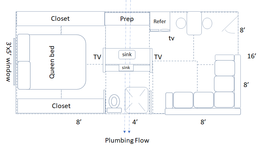 The Guest House floor plan with a living area, kitchen, bath, and bedroom.