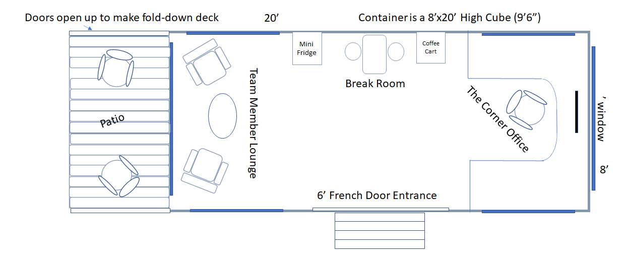 The Out of Office floor plan with a desk, bathroom, shower, and kitchenette.